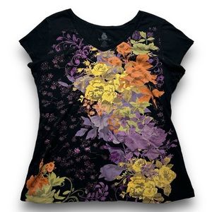 JL Jerry Leigh Apparel Missy Size L Top T-Shirt Tee Short Sleeves Graphic Roses